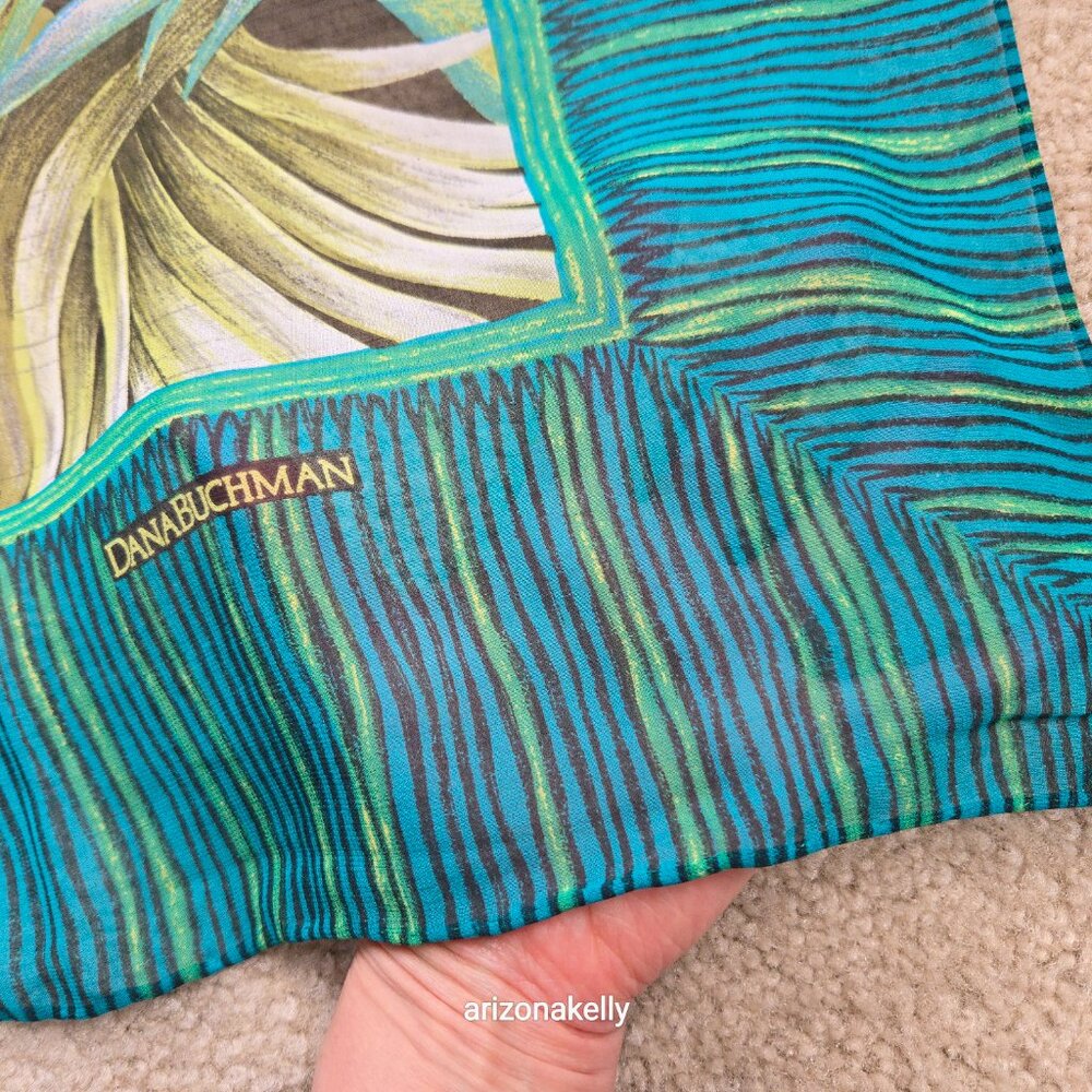 NWT Silk Scarf Hand Rolled Crepe Tropical Leaves Green Dana Buchman - Picture 10 of 12